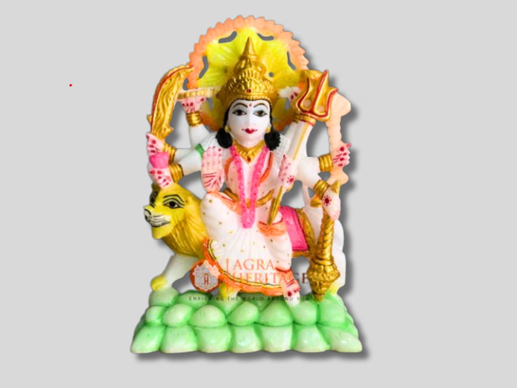 White Marble Durga Hand Painted Statue Religious Gift